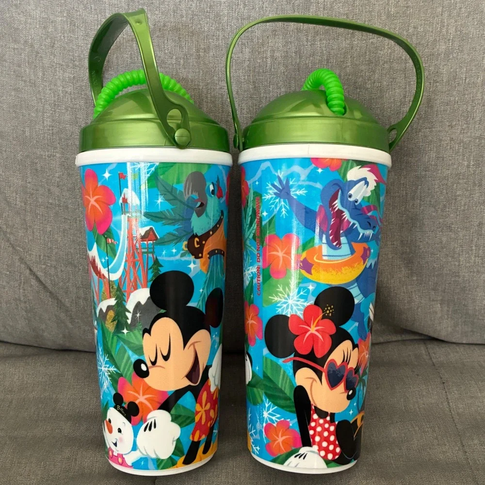 Disney Typhoon Lagoon Mickey Mouse refillable Tumbler lot w/ Green Lid And Straw